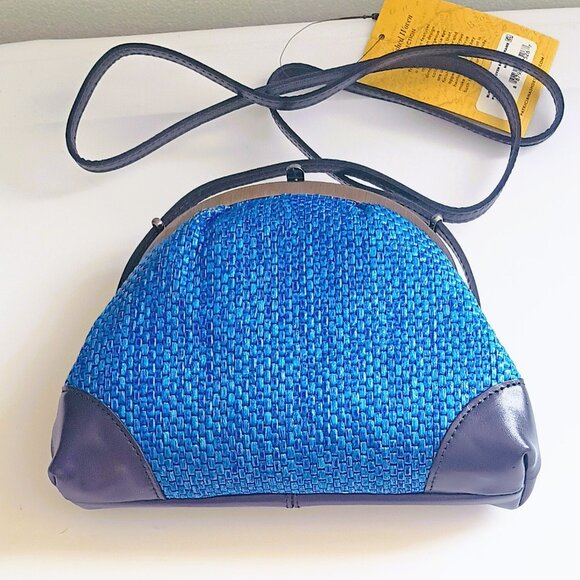 Patricia Nash Silvia Frame Crossbody Bag Blue Woven Black Leather - Picture 2 of 15